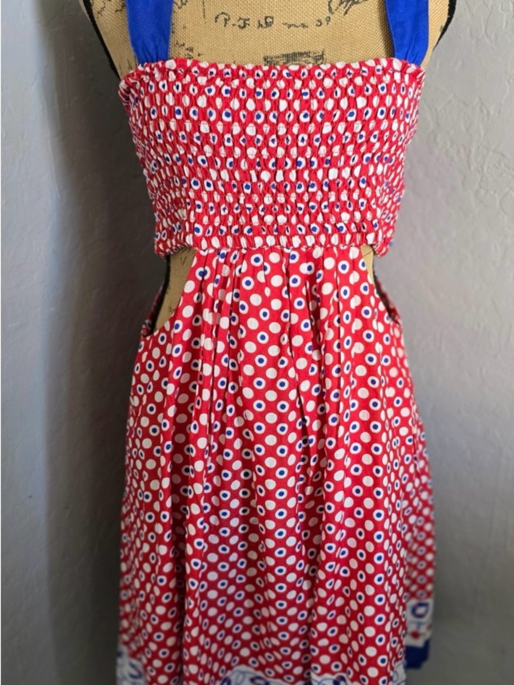 Anthropologie Red Polka Dot Mini Dress with Blue Straps Sz M - Picture 2 of 10